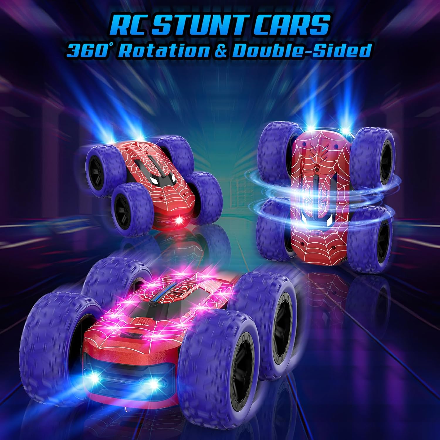 Remote Control Car for Boys, RC Cars for Kids with Colorful LED Lights, Double Sided 360° Flips Stunt Car, Rechargeable Toy Cars for Boys Girls Ages 4-6 5-7 6-8 8-12 Birthday Gift - Image 2