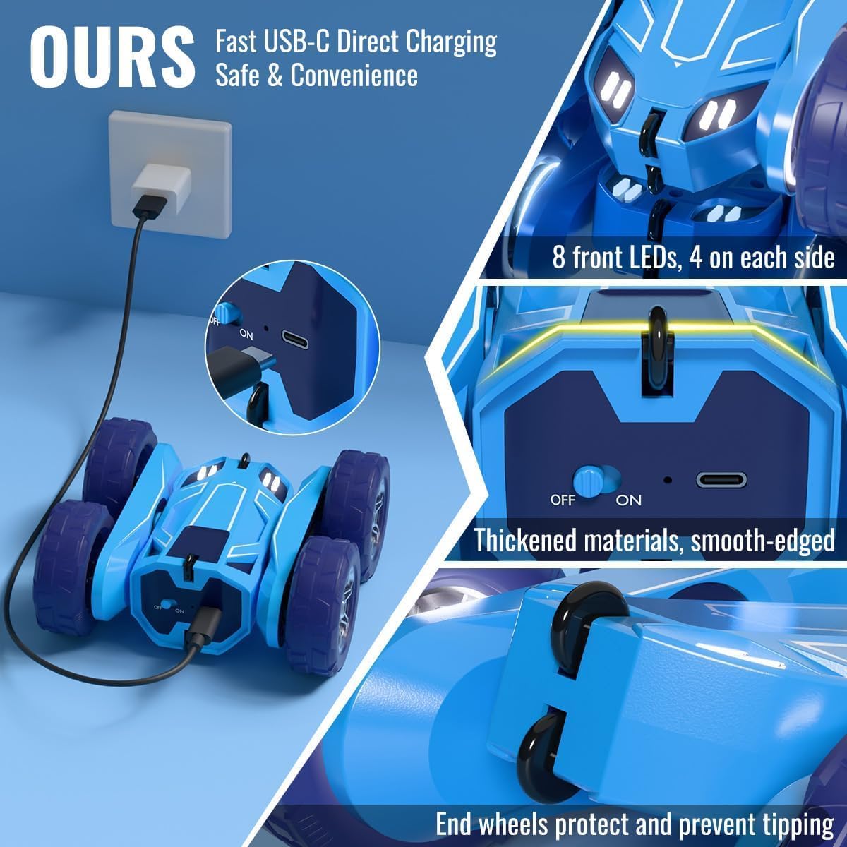 RC Car for Kids, USB-C Fast Charge Remote Control Cars with LED Lights, 360° Spins & 30min Play All-Terrain Off-Road Toys for Boys & Girls Ages 3-12 - Image 2