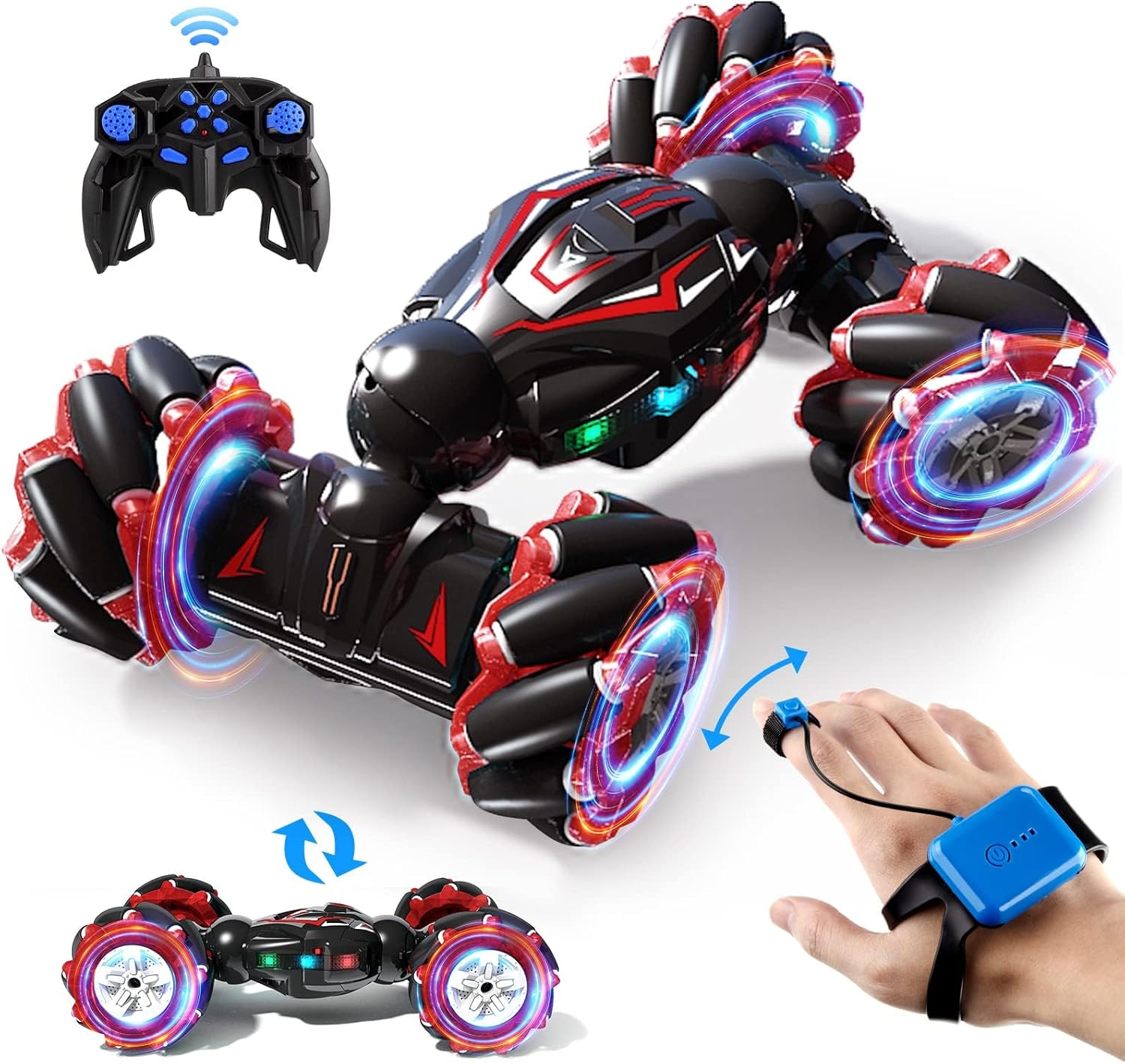 1:12 Red RC Stunt Car, Remote Control Gesture Sensor Toy, Double Sided Rotating Off Road Vehicle 360° Flips with Lights Music, Cars for Boys & Girls Birthday