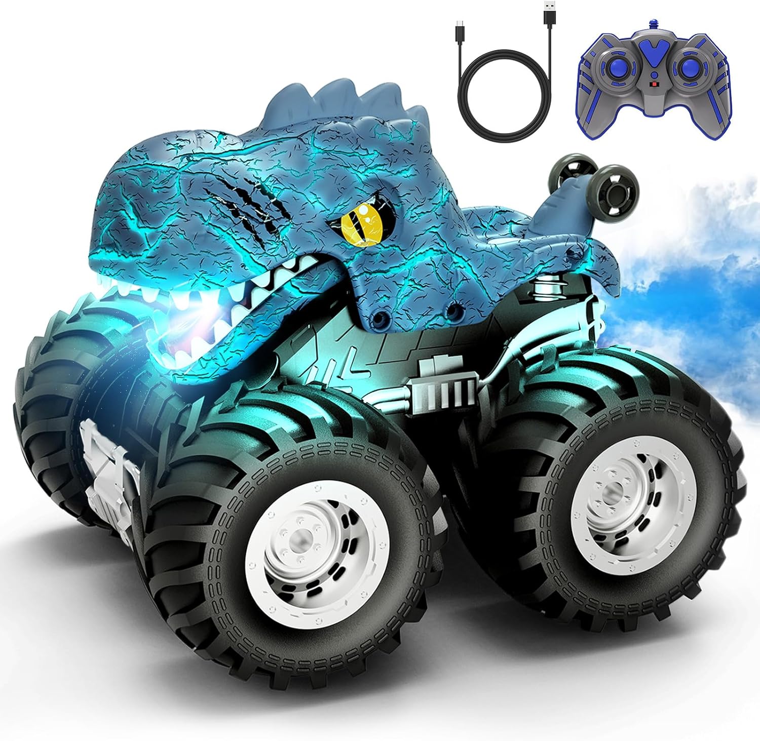 Remote Control Monster Trucks Car, 360° Rotating RC Cars for Boys, Dinosaur Toys with Spray, Light & Sound, Toys for Kids 6 7 8 Year Olds, Gift for Boys and Girls