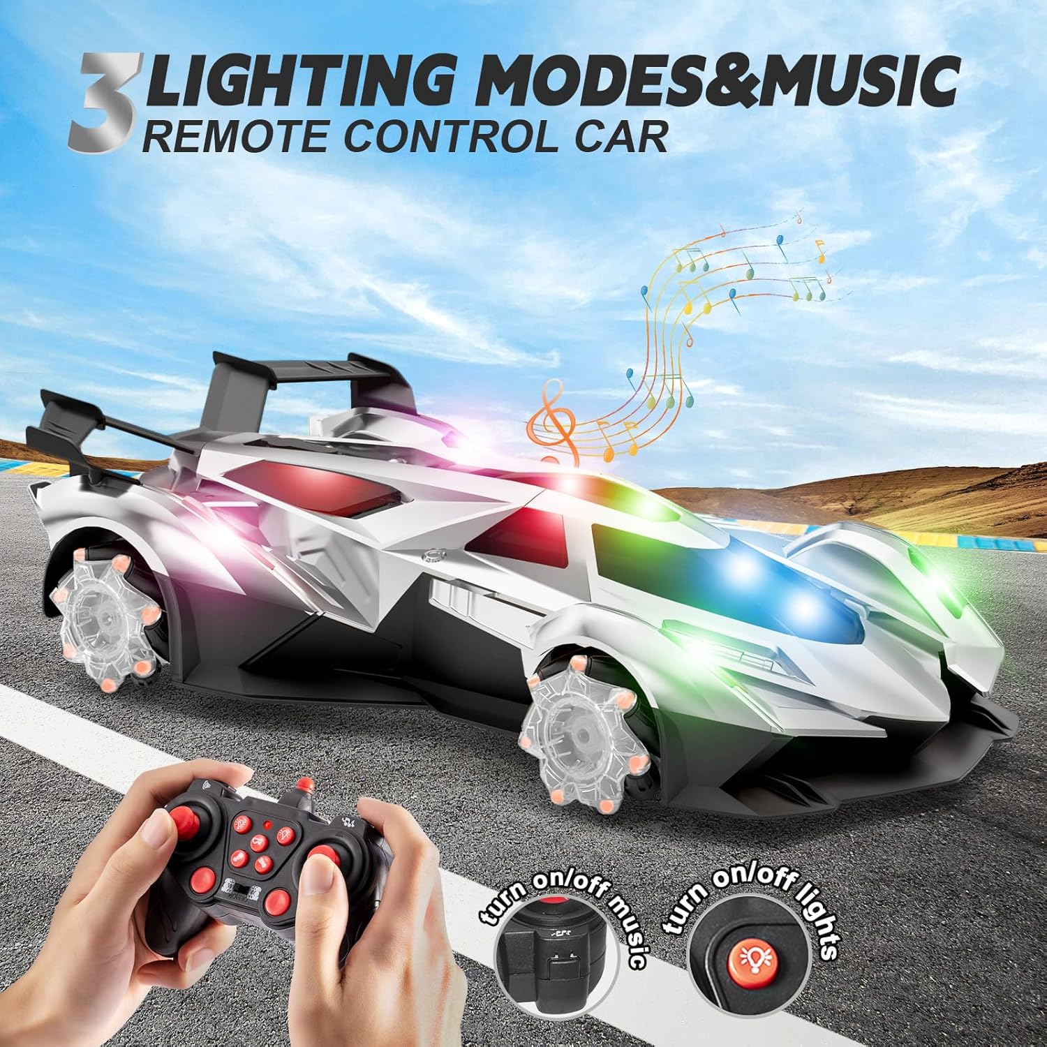 Remote Control Car Toy for Boys Age 8-12, 1:12 Scale Gold Toy with 360°Rotating Drifts Cars Colorful Lights、Spray& Musics, Speed 10-12km/h RC Race Toy Cars for Boys Girls Birthday - Image 2